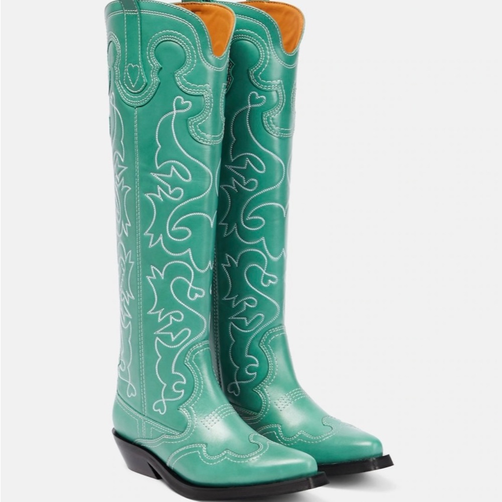 GANNI EMBROIDERED LEATHER COWBOY BOOTS